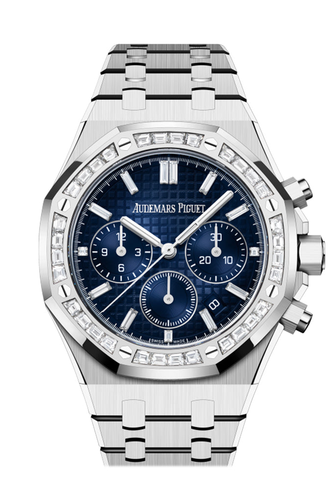 Audemars Piguet Royal Oak Chronograph White Gold Diamond Bezel Blue Diamond Baguette Dial Watch