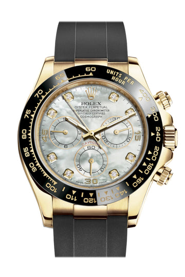 Rolex Cosmograph Daytona White Mother of Pearl Diamond Yellow Gold Oysterflex Strap Mens Watch 116518LN 116518