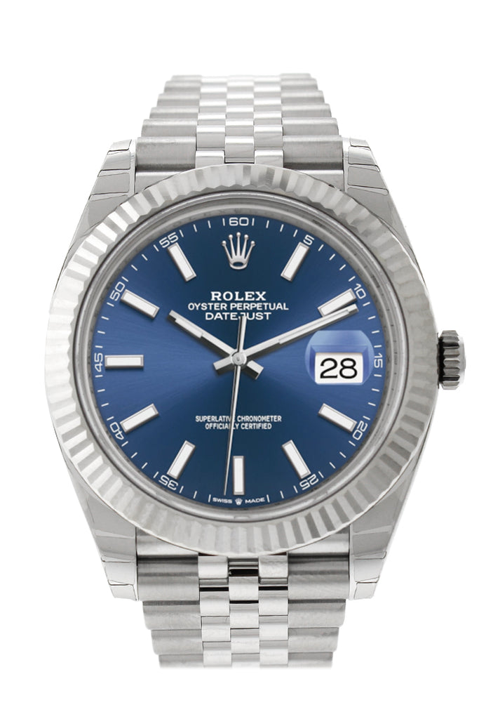 Rolex Datejust 41 Blue Dial White Gold Fluted Bezel Jubilee Mens Watch