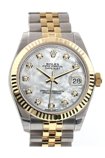 Rolex Datejust 31 Mother of Pearl Diamonds Dial Fluted Bezel 18K Gold Two Tone Jubilee Ladies 178273