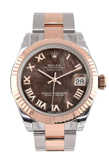 Rolex Datejust 31 Black Mother of Pearl Roman Dial Fluted Bezel 18K Rose Gold Two Tone Ladies Watch 178271