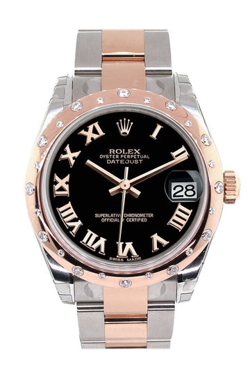 Rolex Datejust 31 Black Roman Dial Diamond Bezel 18K Rose Gold Two Tone Ladies Watch 178341