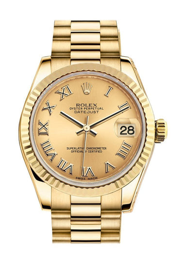 Rolex Datejust 31 Champagne Roman Dial Fluted Bezel 18K Yellow Gold President Ladies Watch 178278