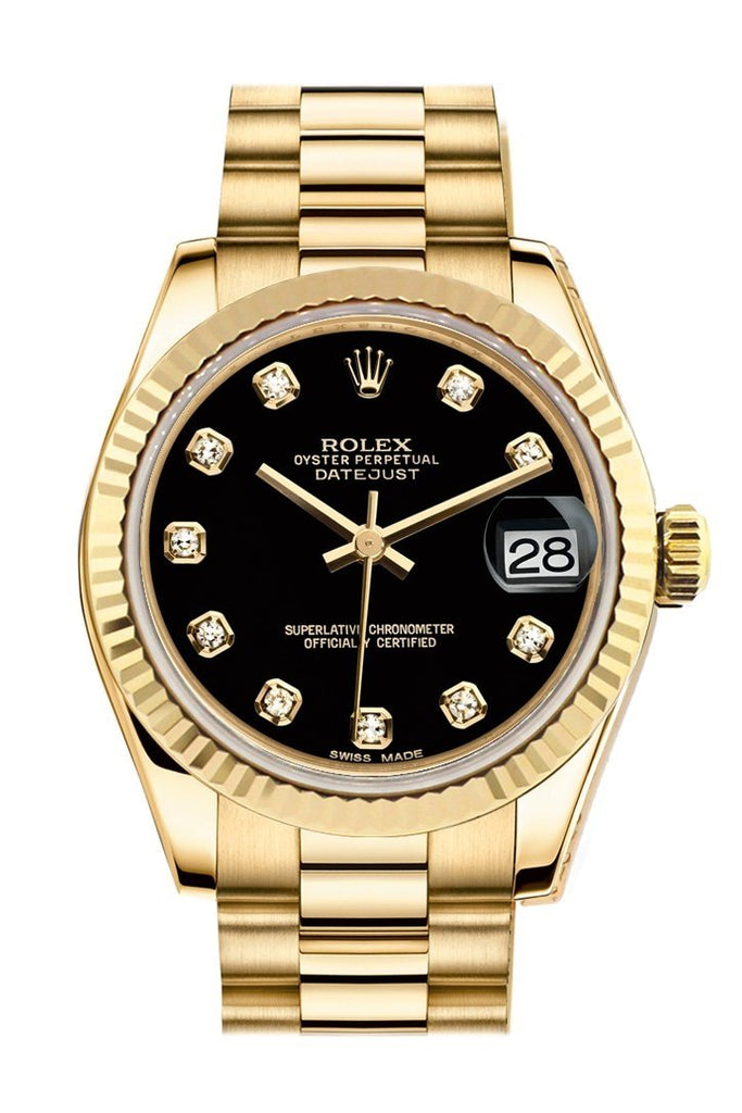 Rolex Datejust 31 Black Diamond Dial Fluted Bezel 18K Yellow Gold Pres