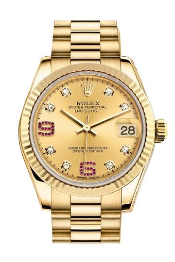 Rolex Datejust 31 Champagne Diamonds Rubies Dial Fluted Bezel 18K Yellow Gold President Ladies Watch 178278