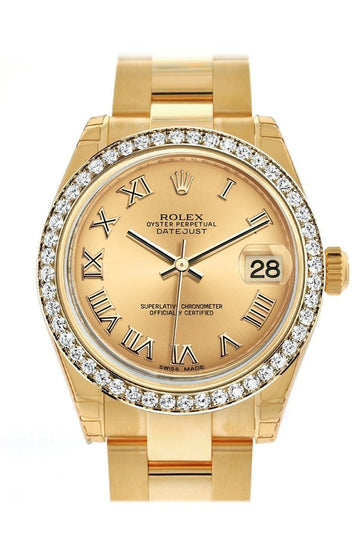 Rolex Datejust 31 Champagne Roman Dial Diamond Bezel 18K Yellow Gold Ladies Watch 178288