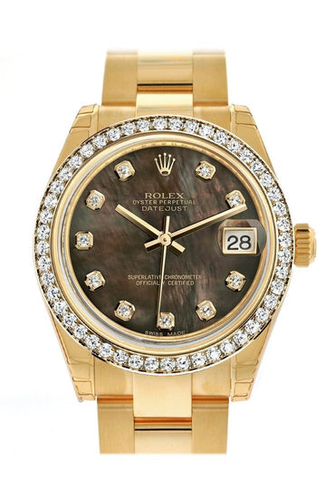 Rolex Datejust 31 Black Mother of Pearl Diamond Dial Diamond Bezel 18K Yellow Gold Ladies Watch 178288