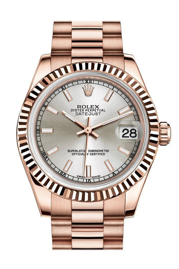Rolex Datejust 31 Silver Dial Fluted Bezel 18K Everose Gold President Ladies Watch 178275