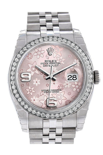 Rolex Datejust 36 Pink Floral Motif Dial 18k White Gold Diamond Bezel Jubilee Watch 116244