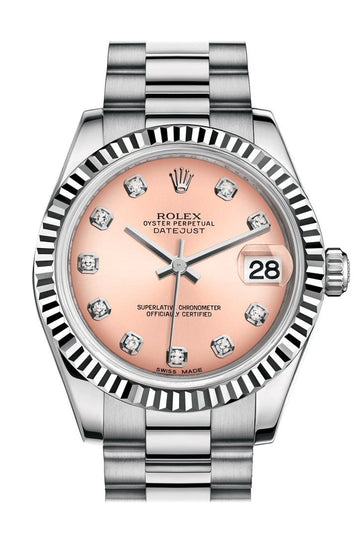 Rolex Datejust 31 Pink Diamond Dial Fluted Bezel 18K White Gold President Ladies Watch 178279
