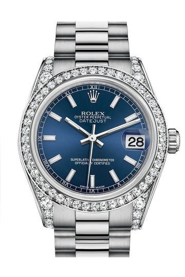 Rolex Datejust 31 Blue Dial Diamond Bezel Lug 18K White Gold President Ladies Watch 178159