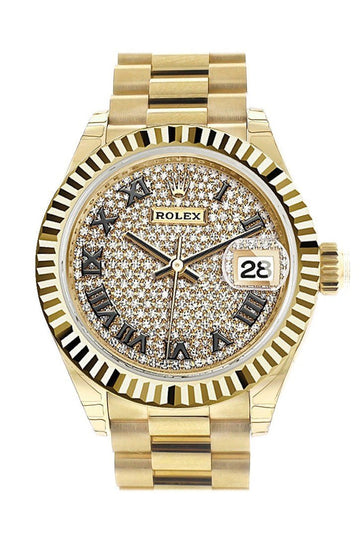 Rolex Datejust 28 Diamond Paved Roman Dial Fluted Bezel President Ladies Watch 279178 NP
