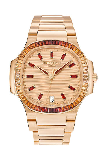 Patek Philippe Nautilus Ladies Rose Gold Baguette Cognac Bezel Watch 7118/1300R-001