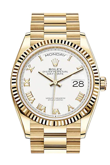 Rolex Day-Date 36 White Roman Dial 18K Yellow Gold Watch 128238