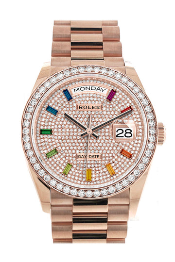 Rolex Day-Date 36 Everose Diamond Bezel  Diamond Paved Rainbow Sapphire Dial President Bracelet Watch 128345RBR