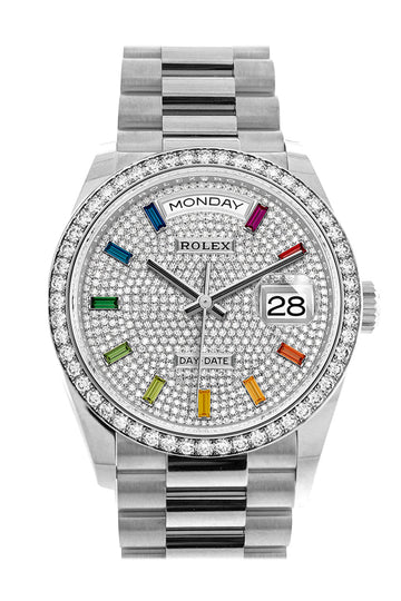 Rolex Day-Date 36 Fluted Bezel Diamond Paved Rainbow Sapphire Dial President Bracelet 128349RBR