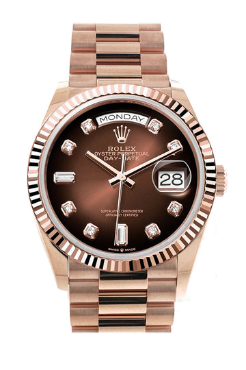 Rolex Day-Date 36 Brown ombrŽ Diamond Dial Fluted Bezel 18K Everose gold President Watch 128235