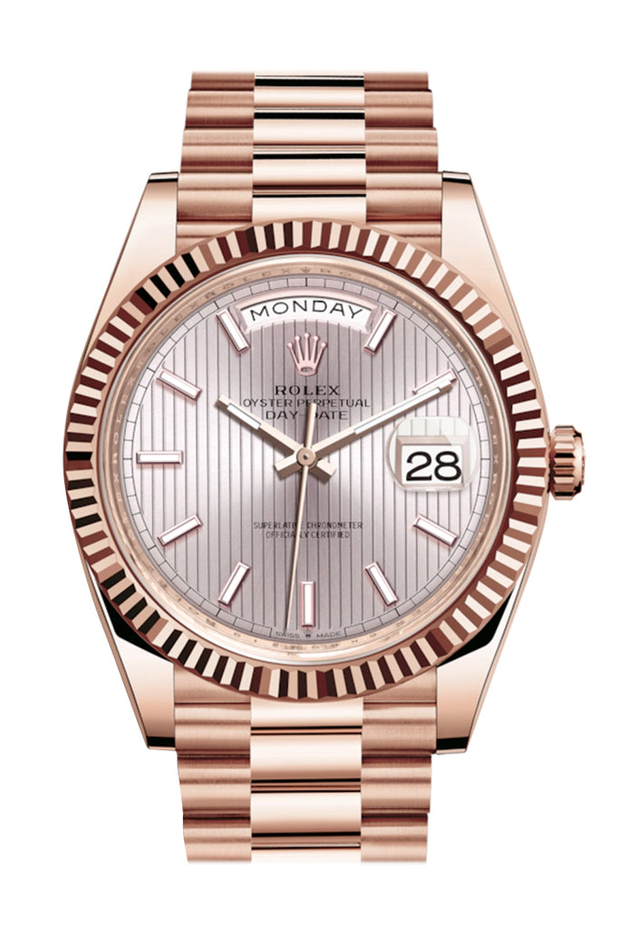 Rolex Day-Date 40 Sundust Stripe Motif Dial Fluted Bezel 18K Everose gold President Automatic Men's Watch 228235