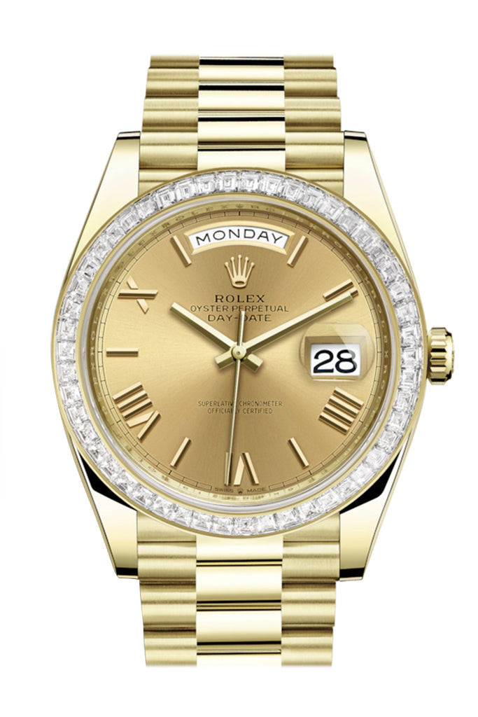 Rolex Day-Date 40 Champagne Roman Dial 40 Baguette Diamond Bezel 18K Yellow Gold President Automatic Men's Watch 228398TBR  228398