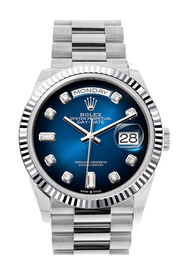 Rolex Day-Date 36 Blue ombrŽ Diamond Dial Fluted Bezel Platinum President Watch 128236