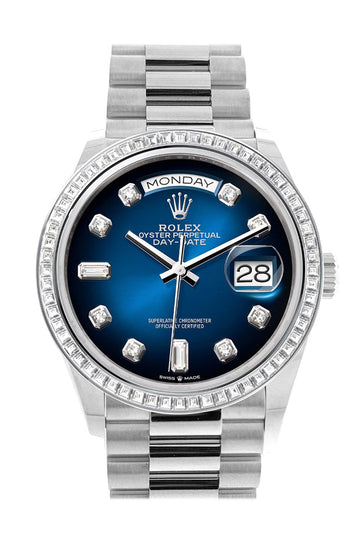 Rolex Day-Date 36 Blue ombrŽ Dial Diamond Bezel Platinum President Watch 128396TBR