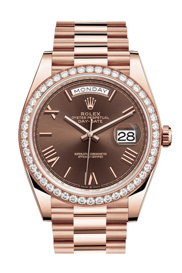 Rolex Day-Date 40 Chocolate Roman Dial Diamond Bezel 18K Everose gold President Automatic Men's Watch 228345RBR 228345