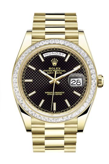 Rolex Day-Date 40 Black Motif Dial 40 Baguette Diamond Bezel 18K Yellow Gold President Automatic Men's Watch 228398TBR 228398