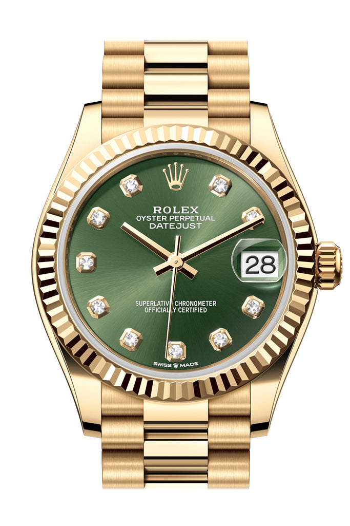 Rolex Datejust 31 Green Diamond Dial Fluted Bezel Yellow Gold Ladies W