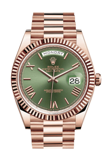 Rolex Day-Date 40 Olive Green Roman Dial Fluted Bezel 18K Everose gold President Automatic Men's Watch 228235