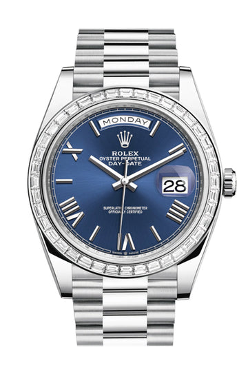 Rolex Day-Date 40 Blue Roman Dial 40 Baguette Diamond Bezel Platinum President Automatic Men's Watch 228396TBR 228396