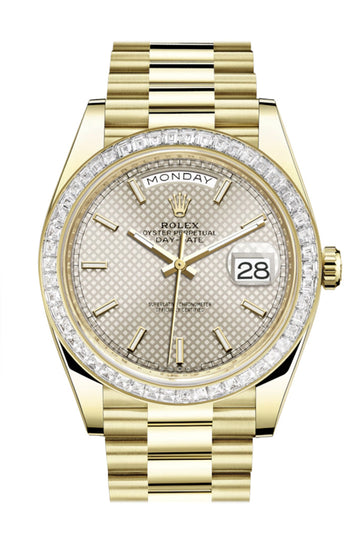 Rolex Day-Date 40 Silver Motif Dial 40 Baguette Diamond Bezel 18K Yellow Gold President Automatic Men's Watch 228398TBR  228398