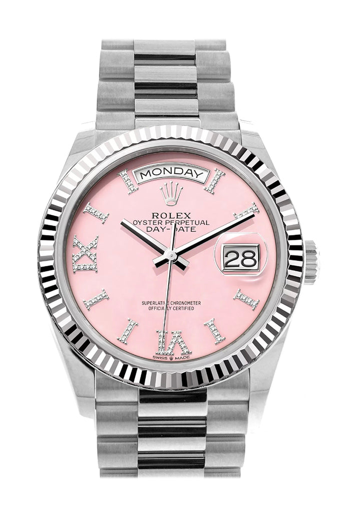 Rolex Day-Date 36 Pink Opal Diamond Dial Fluted Bezel White gold President Watch 128239