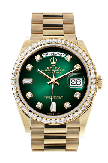 Rolex Day-Date 36 Green OmbrŽ Dial Gold Diamond Bezel Watch 128348RBR-0035 128348RBR