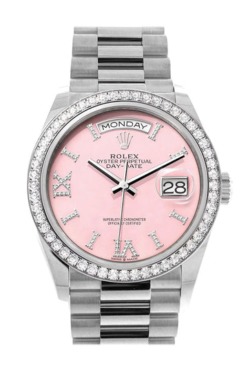 Rolex Day-Date 36 Pink Opal Diamond Dial Diamond Bezel White Gold President Watch 128349RBR