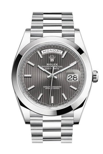 Rolex Day-Date 40 Dark Rhodium Stripe Motif Dial Dome Bezel Platinum President Automatic Men's Watch 228206