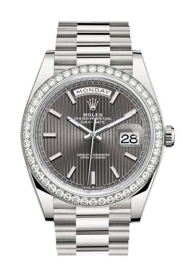 Rolex Day-Date 40 Dark Rhodium Stripe Motif Dial Diamond Bezel White Gold President Automatic Men's Watch 228349RBR 228349