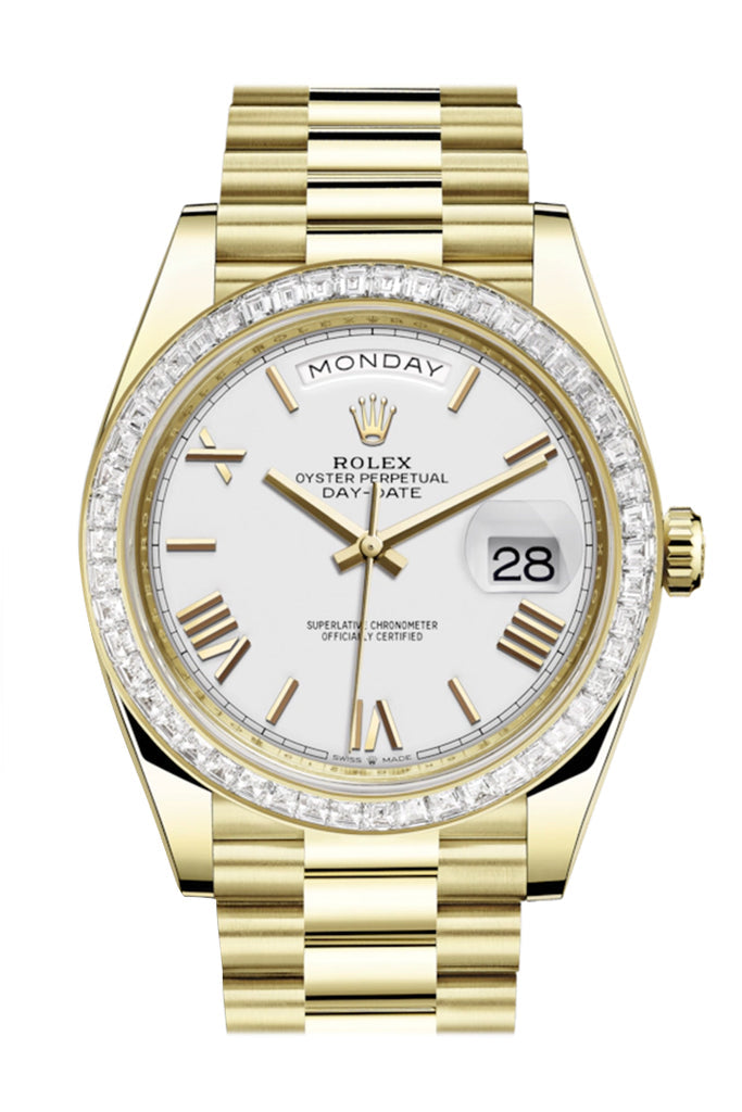 Rolex Day-Date 40 White Roman Dial 40 Baguette Diamond Bezel 18K Yellow Gold President Automatic Men's Watch 228398TBR  228398