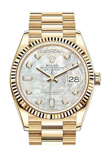 Rolex Day-Date 36 White Mother of Pearl Diamond Dial 18K Yellow Gold Watch 128238