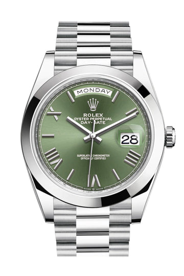 Rolex Day-Date 40 Olive Green Roman Dial Dome Bezel Platinum President Automatic Men's Watch 228206