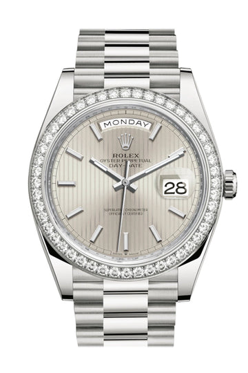 Rolex Day-Date 40 Silver Stripe Motif Dial Diamond Bezel White Gold President Automatic Men's Watch 228349RBR 228349