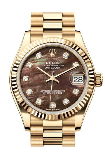 Rolex Datejust 31 Dark Mother Of Pearl Diamond Dial Fluted Bezel Yellow Gold Ladies Watch 278278 278278-0038