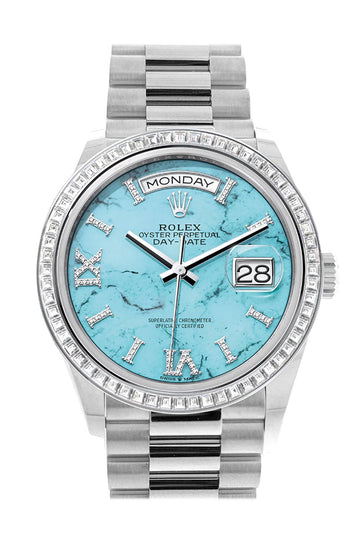 Rolex Day-Date 36 Turquoise Dial Diamond Bezel Platinum President Watch 128396TBR