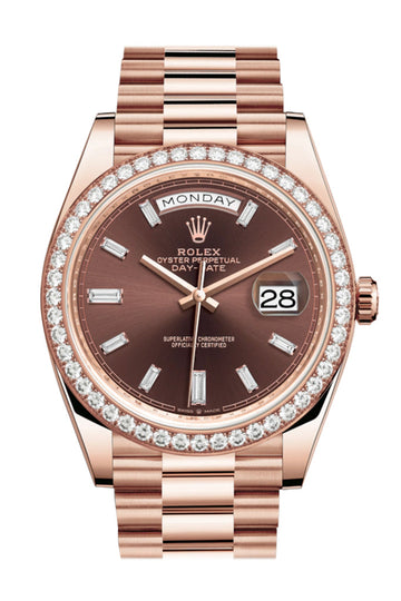 Rolex Day-Date 40 Chocolate 10 Baguette-cut Diamonds  Dial Diamond Bezel 18K Everose gold President Automatic Men's Watch 228345RBR 228345