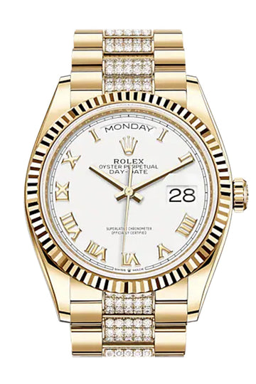 Rolex Day-Date 36 White Roman Dial 18K Yellow Gold Watch Diamond set president Bracelet 128238