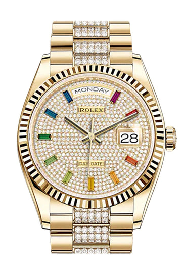 Rolex Day-Date 36 Diamond-Paved Dial 18K Yellow Gold Watch Diamond set president Bracelet 128238