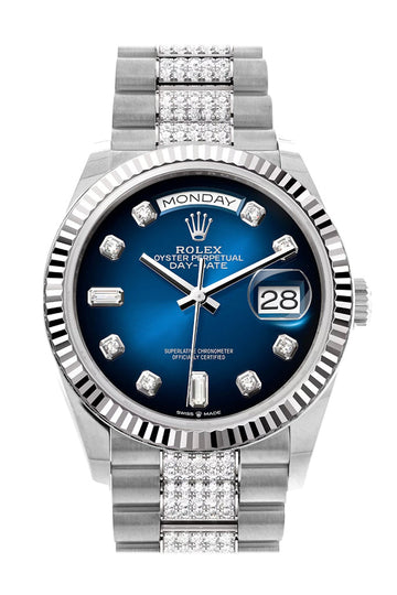 Rolex Day-Date 36 Blue ombrŽ Diamond Dial Fluted Bezel White Gold Diamond President Watch 128239