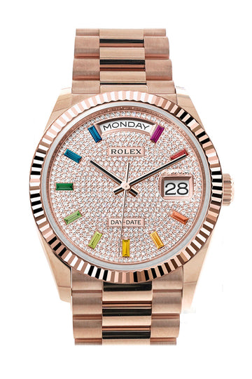 Rolex Day-Date 36 Diamond Paved Dial Fluted Bezel 18K Everose gold President Watch 128235