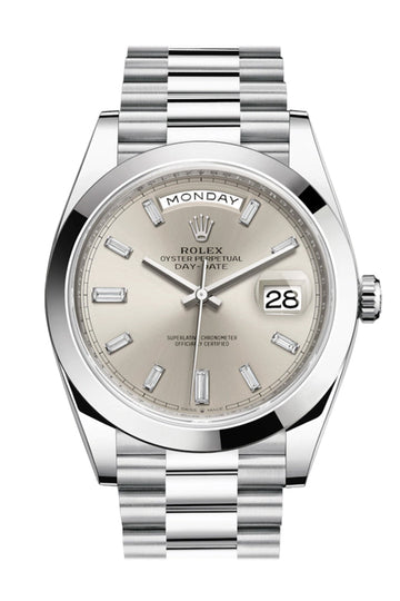 Rolex Day-Date 40 Silver Baguette Diamond Dial Dome Bezel Platinum President Automatic Men's Watch 228206