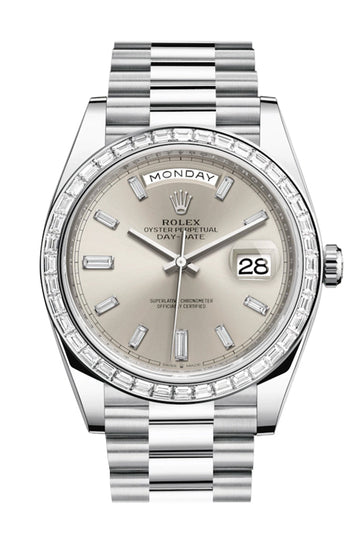 Rolex Day-Date 40 Silver Baguette Diamond Dial 40 Baguette Diamond Bezel Platinum President Automatic Men's Watch 228396TBR 228396