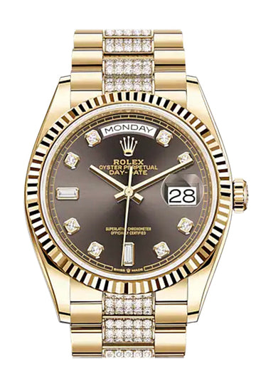 Rolex Day-Date 36 Dark Grey Dial 18K Yellow Gold Watch Diamond set president Bracelet 128238